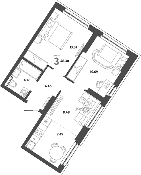 Планировка 3Е-к, 48,3 м² в ЖК Сибирский сад